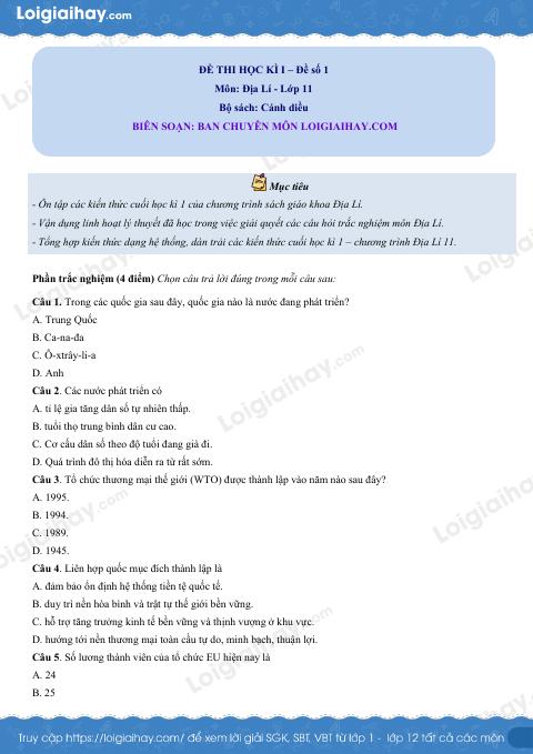 Đề thi học kì 1 Địa lí 11 CD - Đề số 1